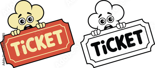Cartoon popcorn character holding movie ticket vector illustration design template art