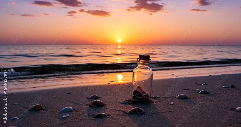 Sunset over beach with message in a bottle (1)