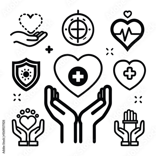 Heart in Hand Icons Set – Love, Care, and Healthcare Symbols in Flat and Line Style