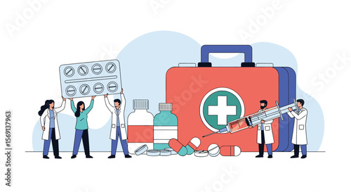 Medical professionals gather around a large first aid kit with syringes and medications creating a scene of healthcare and scientific research for better treatments