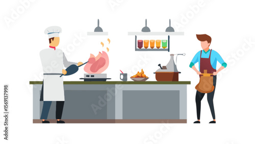 Professional chef cooking with fire in restaurant kitchen culinary arts food preparation and service expertise