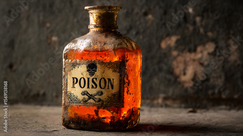 Smoke rising from an old glass bottle of deep orange poison with a glass cap and a label marked with a skull and crossbones and the word poison against a sludgy black wall background