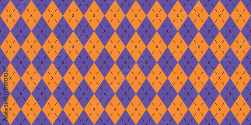 Seamless vector pattern orange purple argyle geometric diamonds stitched retro textile background vivid bold Halloween colors fall design fashion fabric traditional symmetry repeat print