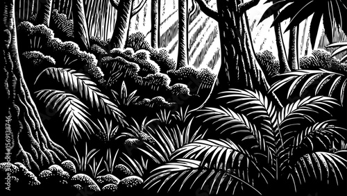 A humid mountain rainforest with oversized leaves, tangled roots, and tropical undergrowth a black and white line art illustration