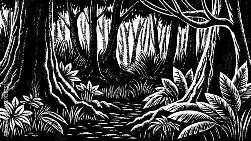 A humid mountain rainforest with oversized leaves, tangled roots, and tropical undergrowth a black and white line art illustration