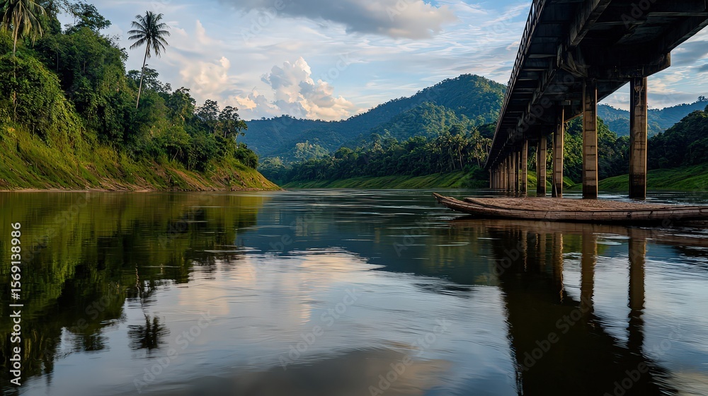 Fototapeta premium River reflection scenic bridge serene landscape lush mountains tranquil waters nature photography