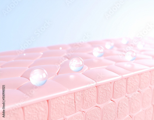 Microscopic view of skin cells with hydrating serum droplets.