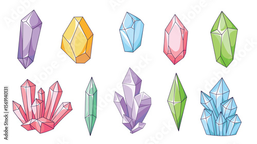 A set of crystals of different shapes and colors. Gems, diamonds, and ice that reflect light. Elements of magic, witchcraft, and alchemy