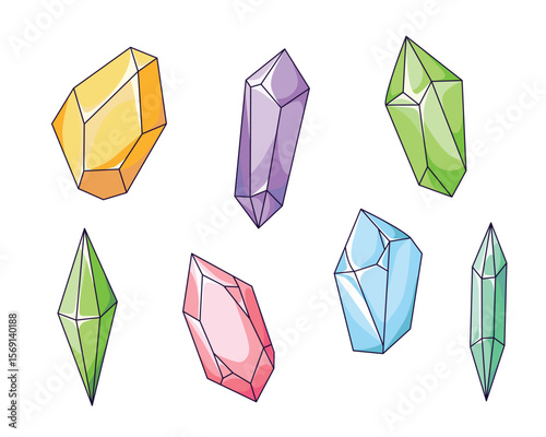A set of colored crystals of different shapes. Gems, ice, and diamonds of various geometric shapes that reflect light. Elements of witchcraft and magic