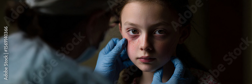 A young girl with a bruised face being examined by a doctor wearing blue gloves in a dimly lit room