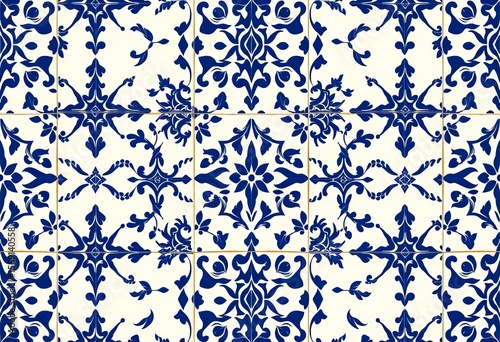 Elegant Santorini-inspired blue & white tile seamless pattern Intricate geometric & floral motifs,  textile,  download