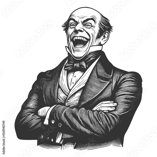 Funny bald man in formal clothing, laughing loudly with a wide open mouth and expressive joy sketch engraving generative ai fictional character vector illustration. Scratch board. Black and white.