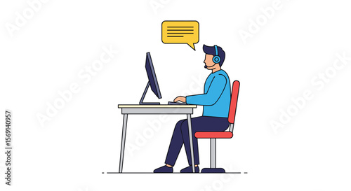 Customer Service Representative Working Efficiently at Their Desk Using a Computer and Wearing a Headset to Communicate Effectively with Clients