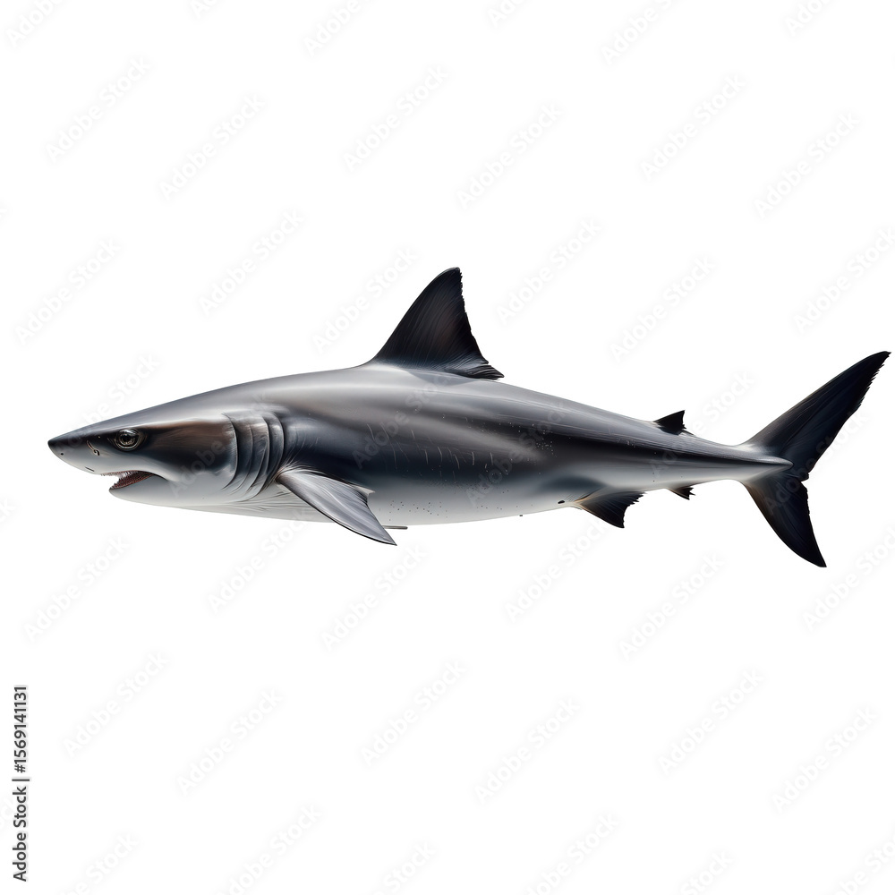 Obraz premium Realistic depiction of a swimming shark showcasing sleek body and sharp fins in a blue ocean environment