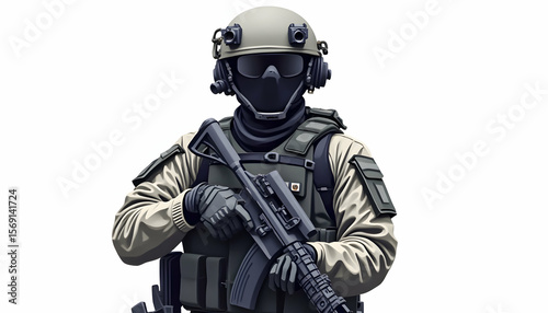 Soldier with Rifle Wearing Tactical Gear Isolated on White Background