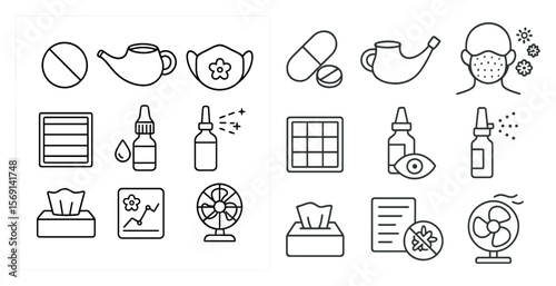 Set of icons for health and hygiene items. The icons include a bottle of medicine, a bottle of hand sanitizer, a bottle of cough syrup, a bottle of eye drops, a bottle of lotion