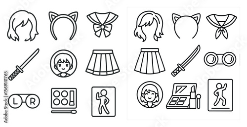 Collection of cartoon characters and items, including a sword, a kimono, a cat headband, and a pair of glasses