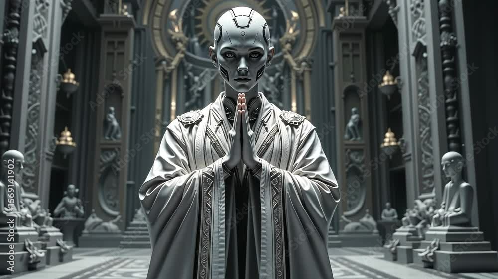 Metallic humanoid robot in ornate robe praying in cathedral with gothic architecture, spiritual AI concept