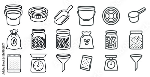 Collection of kitchen utensils and containers, including a scale, measuring cups, and a colander