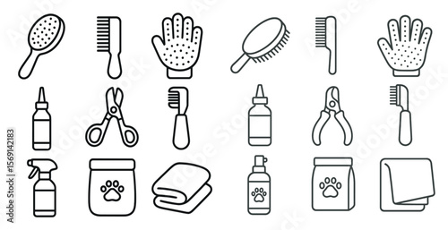 Collection of grooming tools and supplies for pets. The image is a series of icons that represent various items such as scissors, combs, and grooming gloves. Scene is that of a pet owner's toolkit