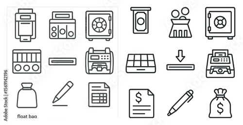 The image is a collection of various objects and symbols, including a pen, a calculator, a money bag, and a bank. Scene is one of financial transactions and organization