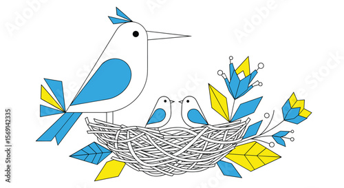 A Charming Illustration of a Blue Bird Family Nestled Together with Blooming Flowers and Greenery in a Whimsical Artistic Style