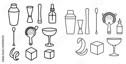 Collection of bar tools and accessories, including a variety of utensils and containers. The tools are arranged in a visually appealing manner, with some items placed next to each other
