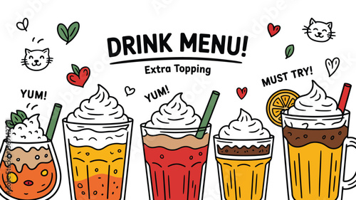 Set of Coffee and Smoothie Beverages with Hand-Drawn Doodle Style – Includes Cappuccino, Boba, Orange Juice, Chocolate in Glasses – Perfect for Marketing and Branding
