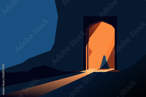 Vector illustration of a woman's silhouette doing yoga on a mountain landscape at night with the moonVector illustration of a woman's silhouette doing yoga on a mountain landscape at night with the mo