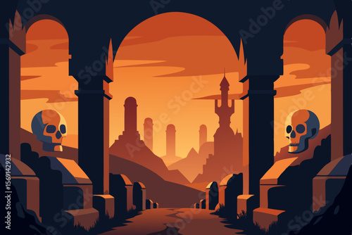 Vector silhouettes of mosques, ancient castles, and city architecture at sunset, featuring towers and urban skylines