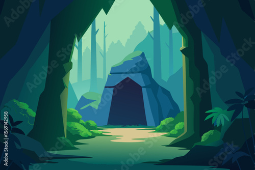 An illustrative vector of summer night camping in a green forest with tents and mountains under the sky