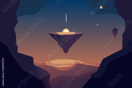 Orange sunset sky over a mountain landscape with a ship sailing the tranquil evening sea