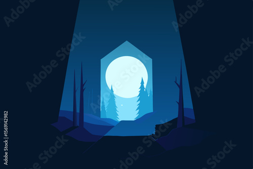 Capturing the essence of a house or building at night, a solitary window serves as a glowing symbol of home or business, whether an illustration or vector design