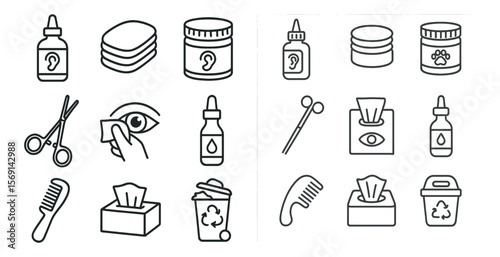 The image is of a set of icons for various items related to personal care and hygiene. The icons include scissors, a bottle of eye drops, a bottle of shampoo, a bottle of lotion, a bottle of perfume