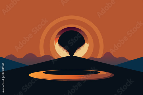 Desert hot air balloon silhouette at sunrise or sunset vector icon