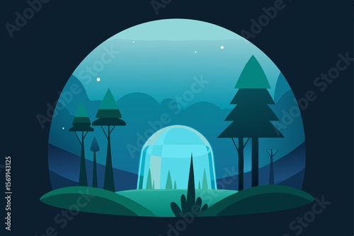 Dark vector city illustration with a moonlit sky and silhouetted houses