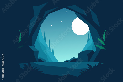 Moonlit night landscape with a boat on the deep blue ocean