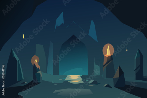 A dark, spooky Halloween night illustration of a scary castle with a silhouetted businessman opening a mysterious doorway, light spilling into the night