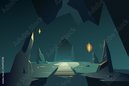 A vivid illustration of a night landscape featuring a road winding through mountains, a starlit sky, and a serene sea with distant boat lights