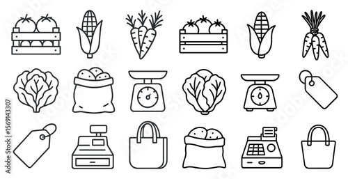 Collection of food items and grocery store items. The items include vegetables, fruits, and a cash register