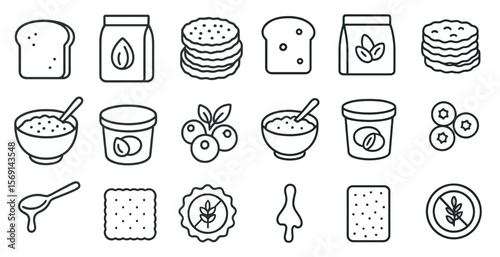 Collection of food items including bread, crackers, and bowls. Concept of variety and abundance