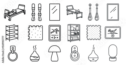 Collection of items that are related to relaxation and wellness. The items include a yoga mat, a massage chair, a scented candle, and a diffuser