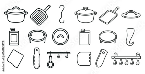 Collection of kitchen utensils and appliances. The image is a collection of various kitchen items, including a frying pan, a spatula, a knife, a bottle, a bowl, a spoon, a cup, a bowl, a pan