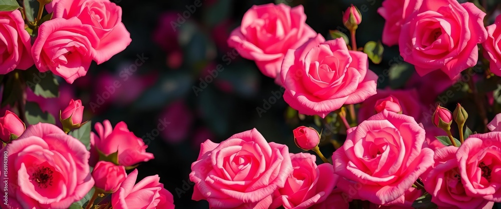 Obraz premium Softly lit, velvety pink rose blossoms fill the frame, macro, nature