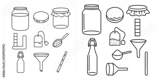 Two sets of jars and bottles with a variety of items. One set is labeled "kitchen"