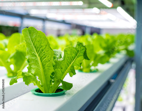 Closeup of vibrant lettuce growing hydroponically under LED lights. Symbol of sustainable agriculture, vertical farming, and healthy eating. Ideal for food or tech concepts.