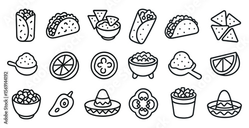 Collection of food items including tacos, burritos, and nachos. The food items are drawn in a stylized way and are arranged in a grid