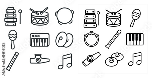 The image is a collection of musical instruments and accessories. The instruments include drums, tambourines, and maracas, while the accessories include a keyboard, a tambourine, and a maraca