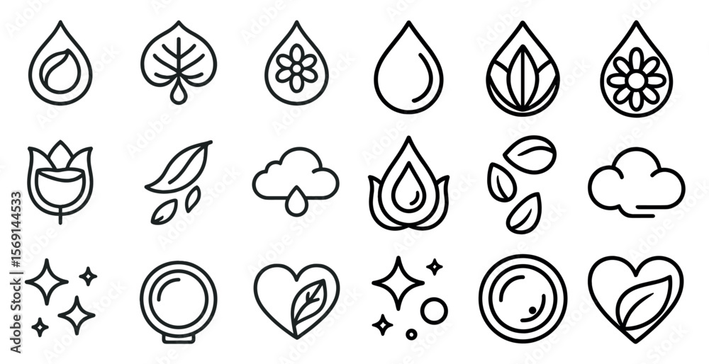 Fototapeta premium Set of icons for various things, including flowers, leaves, and hearts. The icons are all in black and white and are arranged in a grid