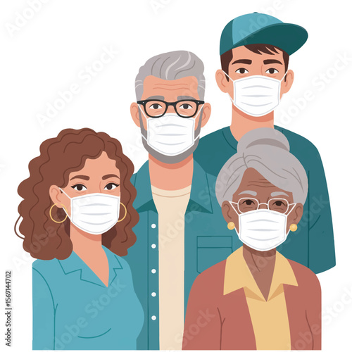 Family Portrait with Masks Safe Together, Diverse Generations Shielded, Pandemic Protection